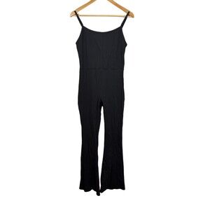 Qinsen Black Flare Leg Jumpsuit Spaghetti Strap Yoga Bodysuit Size XL Fitted